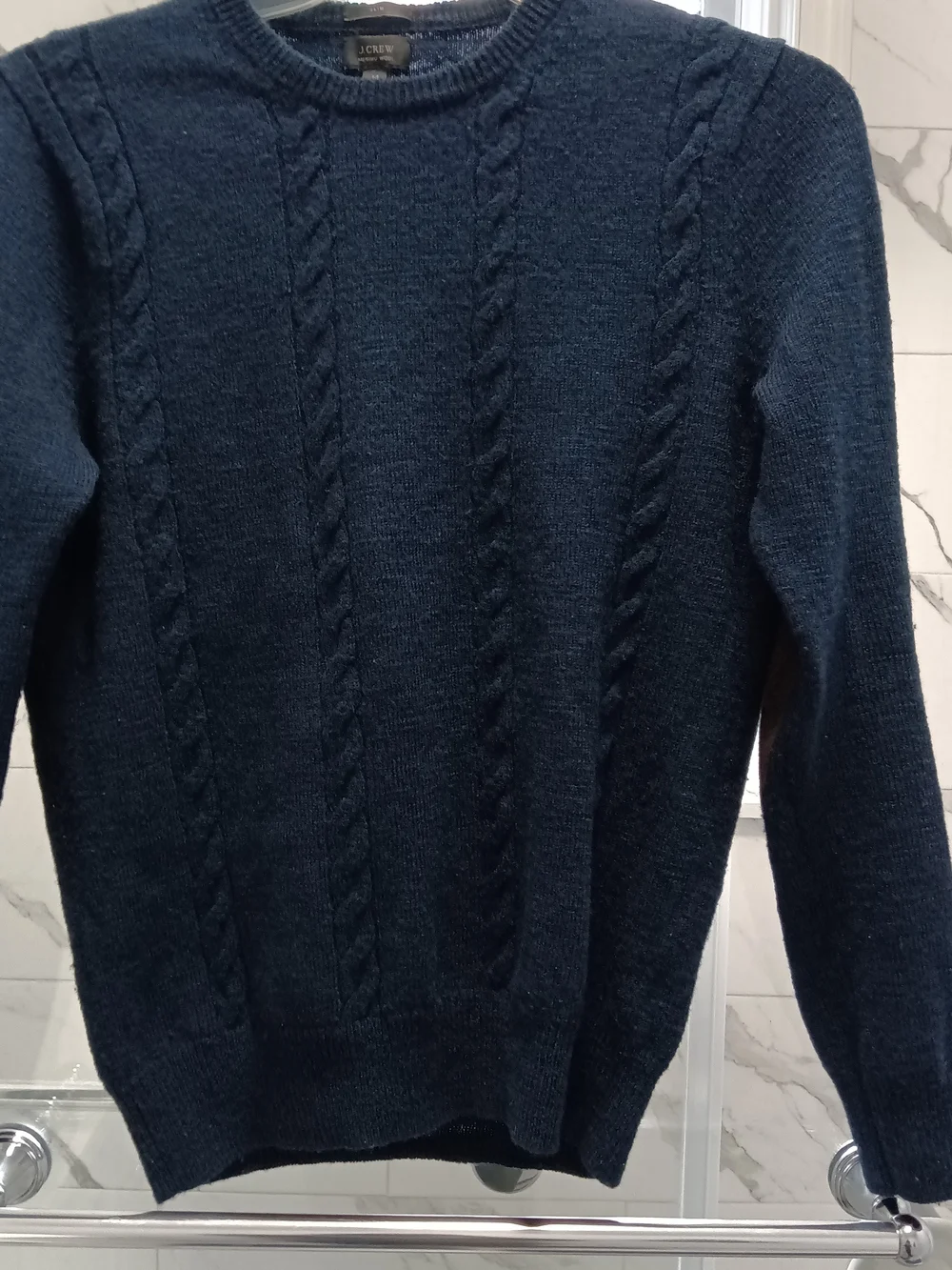 J. Crew Cable-Knit Crewneck Wool Med Slim Sweater Navy Blue Elbow Patches